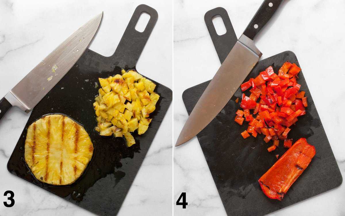 Chopped pineapple on a cutting board and chopped peppers on another cutting board.