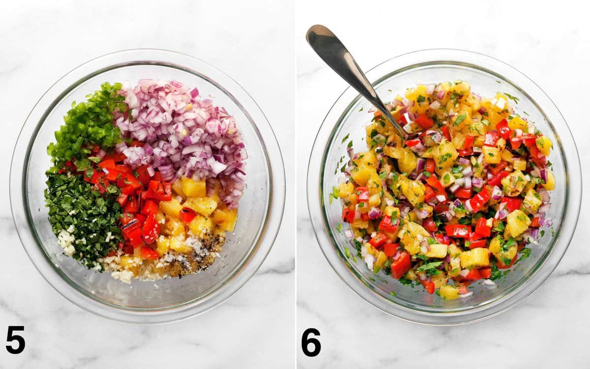 Salsa ingredients in a bowl before and after they are stirred together.
