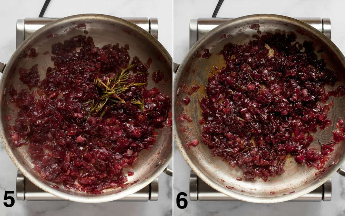 Onion jam in pan before and after rosemary sprigs are removed.