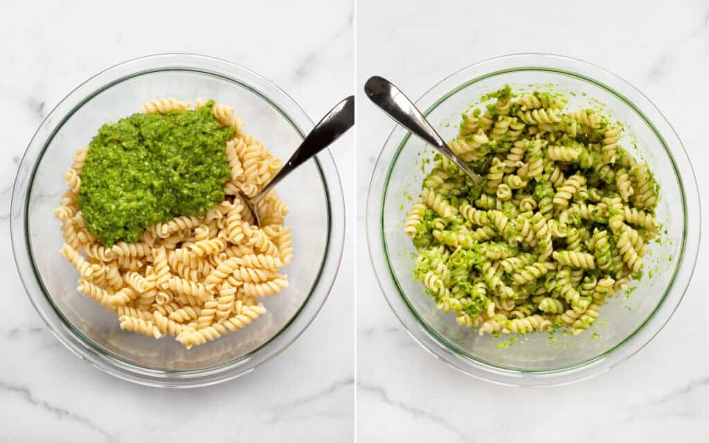 Stir the pesto into the fusilli noodles.