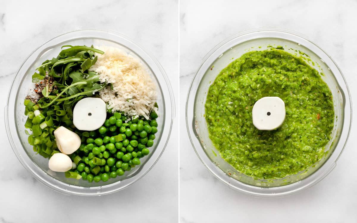 Ingredients for pea pesto in food processor bowl. Pureed pesto in food processor bowl.