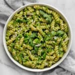 Pasta with pea pesto in a bowl.