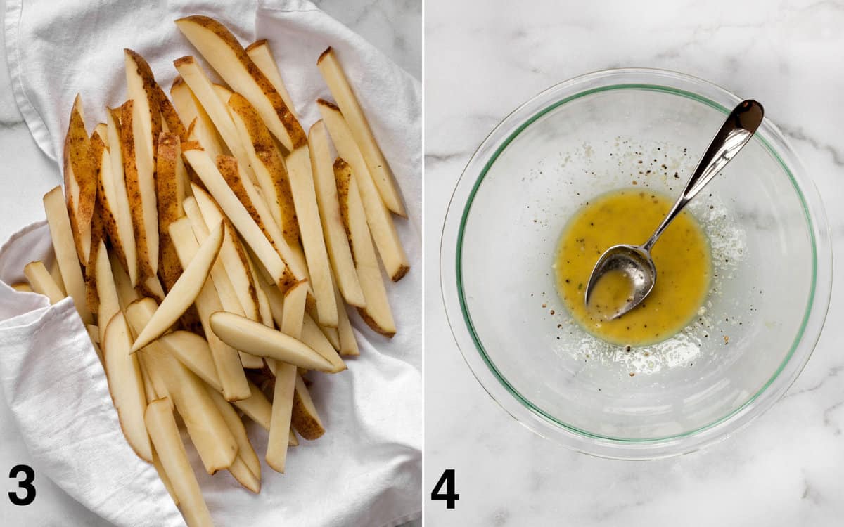 Potato batons on a towel. Oil, seasonings and cornstarch mixture in a bowl.