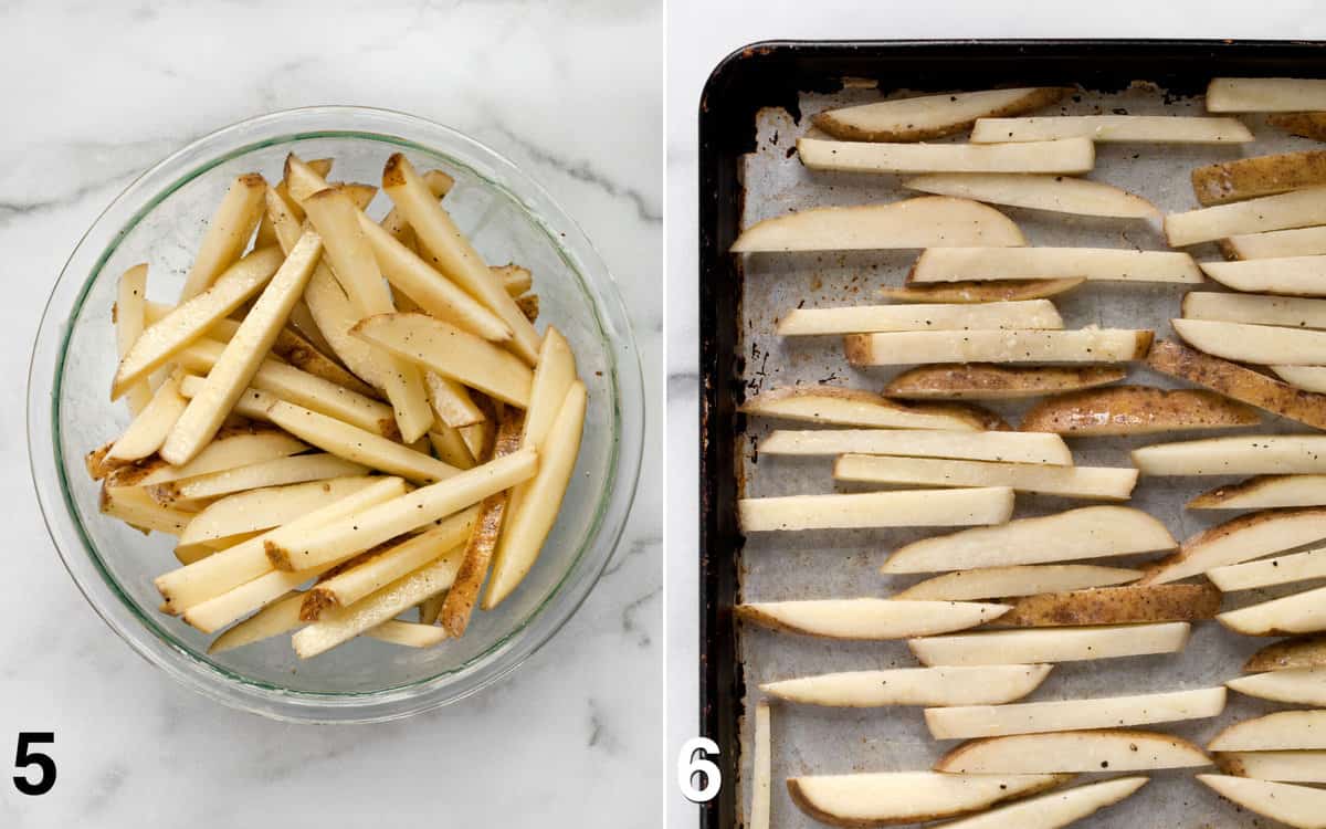 Raw cut potatoes in a bowl and arranged on a sheet pan.