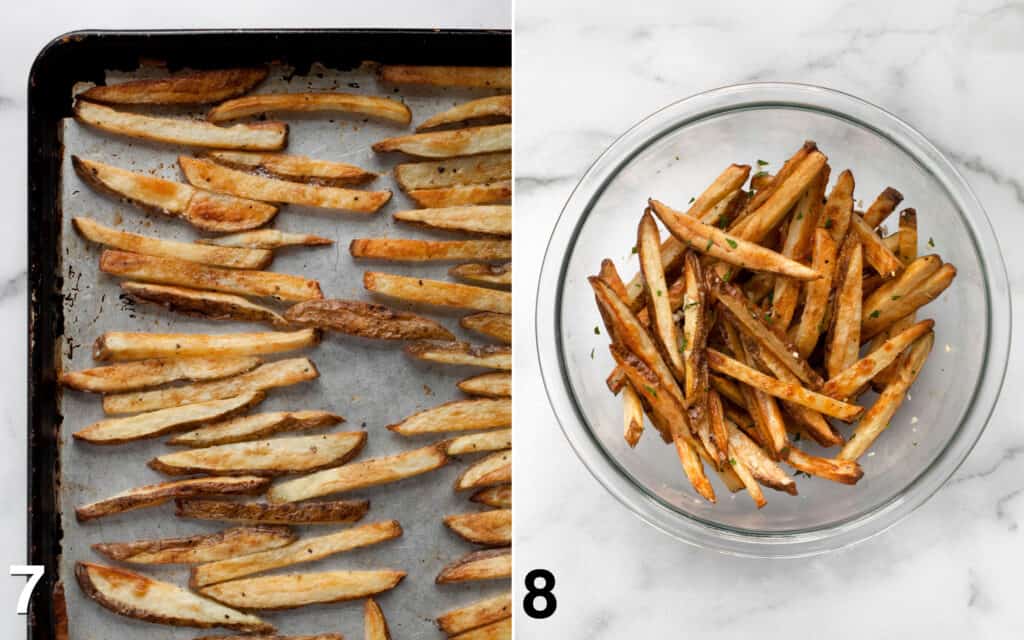 Baked fries on a pan. Baked fries in a bowl with garlic and parsley.