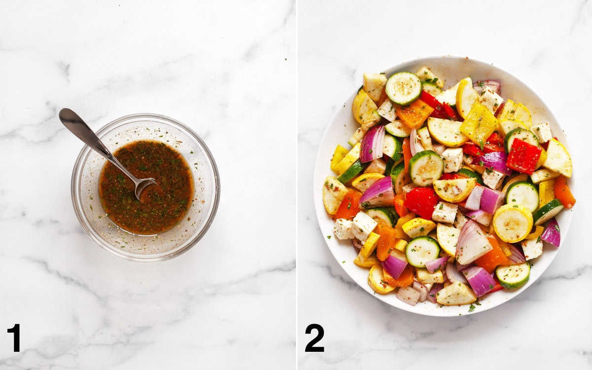 Marinade in a small bowl. Vegetables and halloumi tossed in marinade.