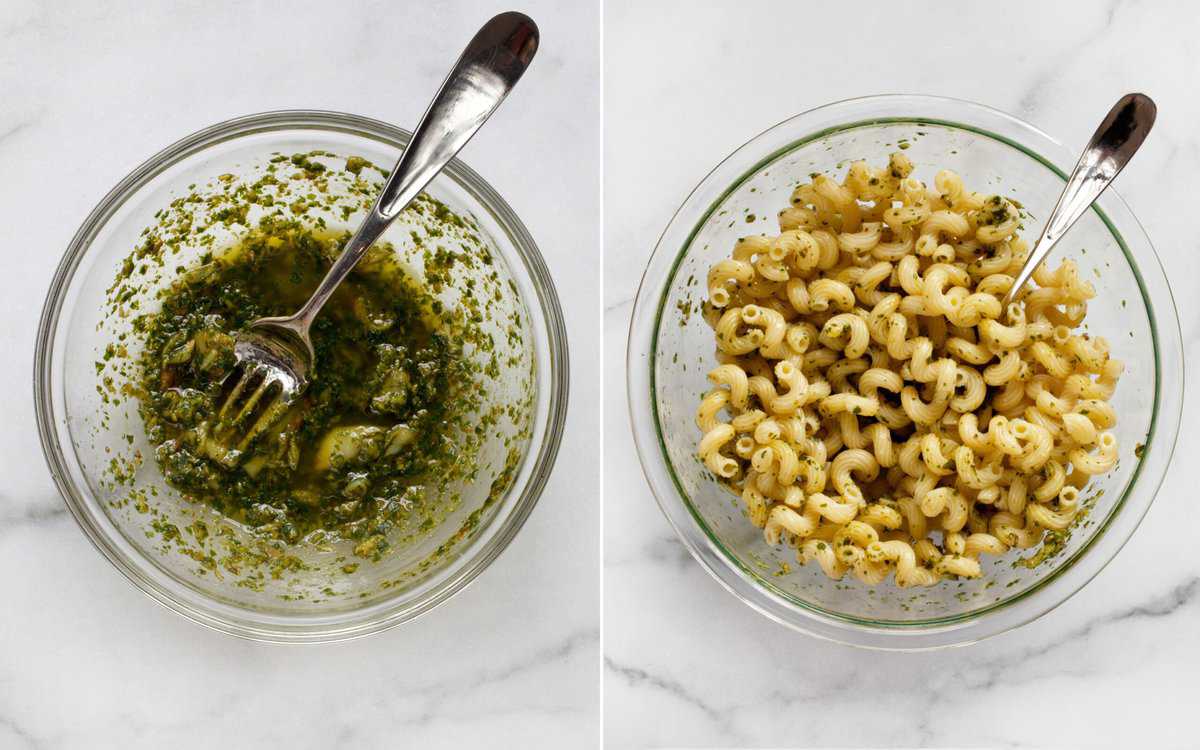 Whisk together the pesto dressing in a small bowl. Then stir it into the pasta.