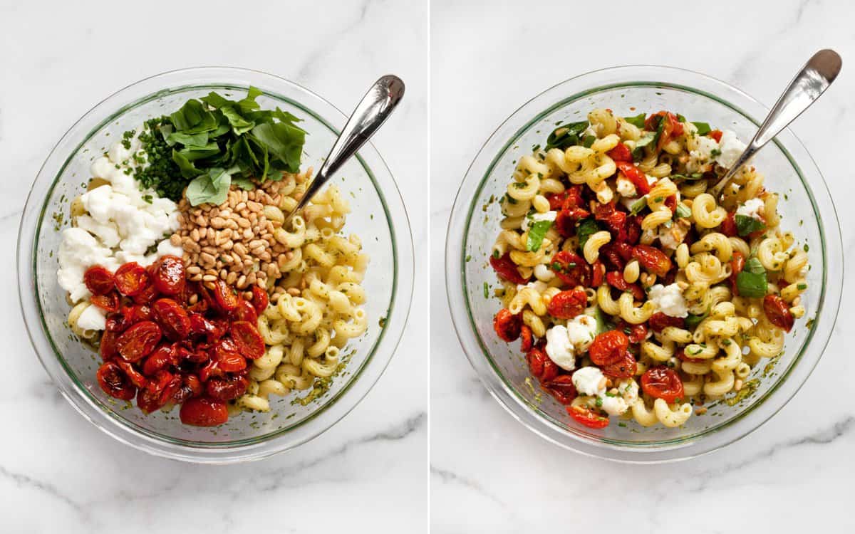 Add the roasted tomatoes, pine nuts, mozzarella, basil and chives to the pasta in the bowl. Stir everything together.