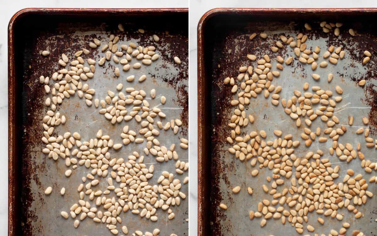 Pine nuts on a sheet pan before and after they are toasted in the oven.