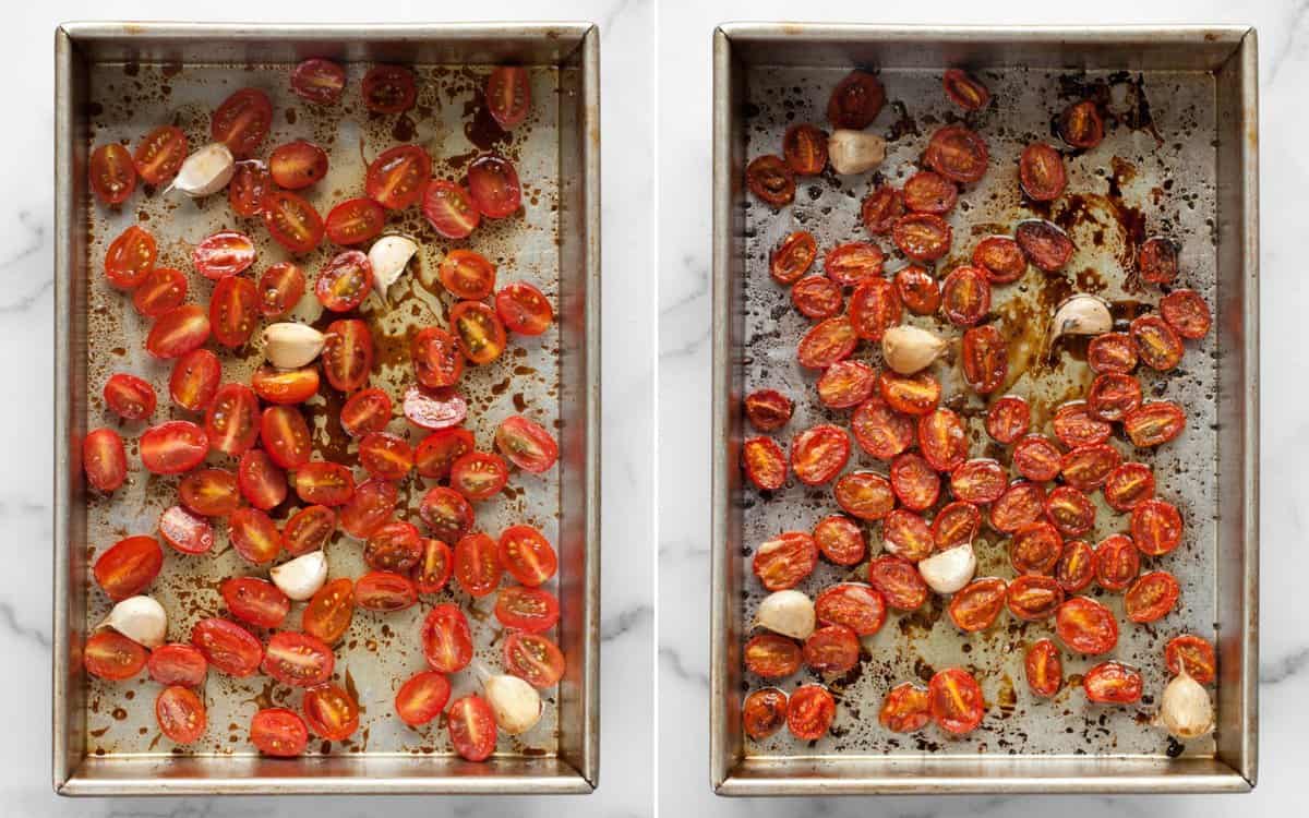Tomatoes and garlic in a baking dish before and after they are roasted.