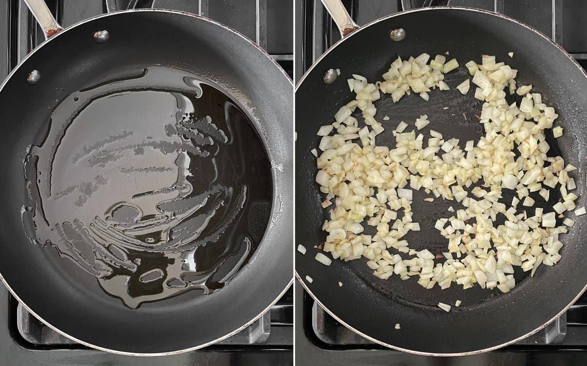 Heat the olive oil in a skillet and then saute the onions.