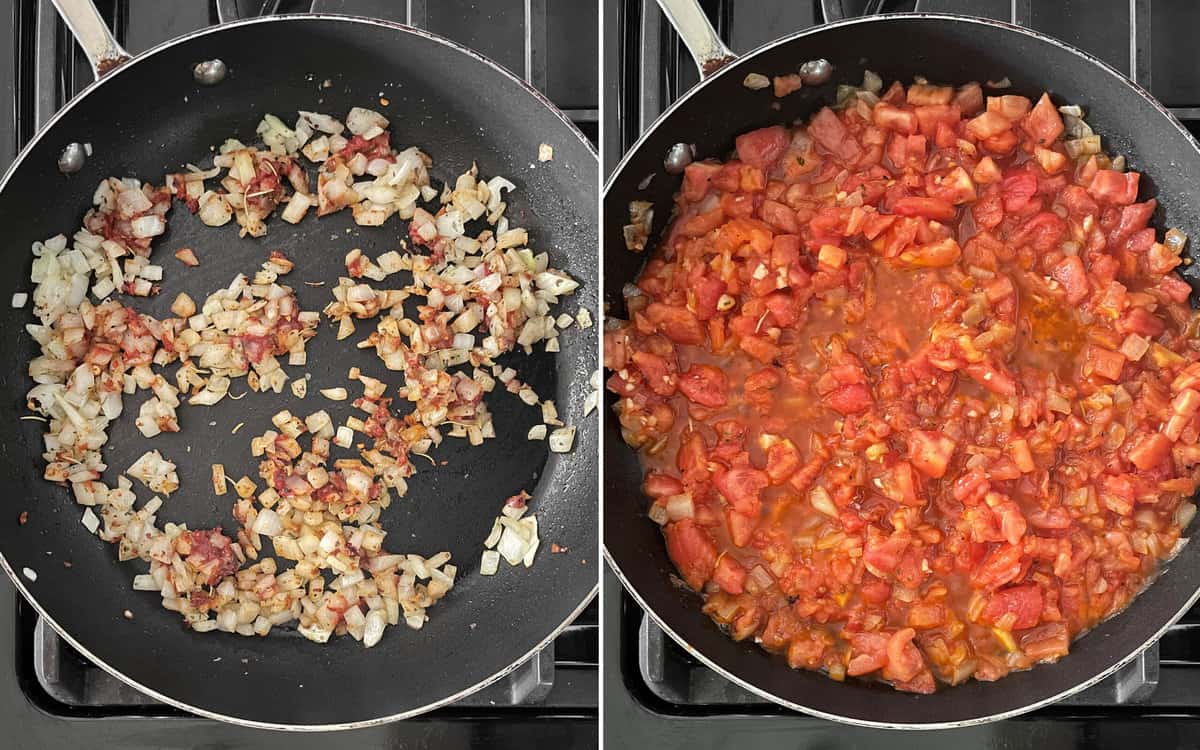 Add the aromatics to the onions in the skillet. Then pour in the tomatoes and simmer.