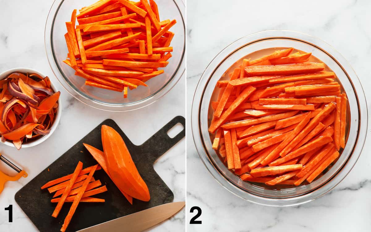 Peel the sweet potatoes and slice them; soak the potatoes in a bowl of cold water.