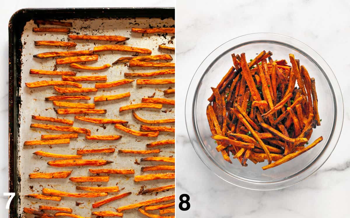 Baked sweet potatoes on a sheet pan, Fries tossed in salt and chives in abowl.