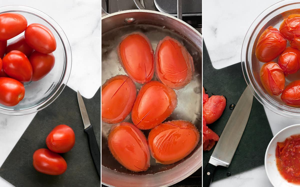 Steps showing how to peel tomatoes.
