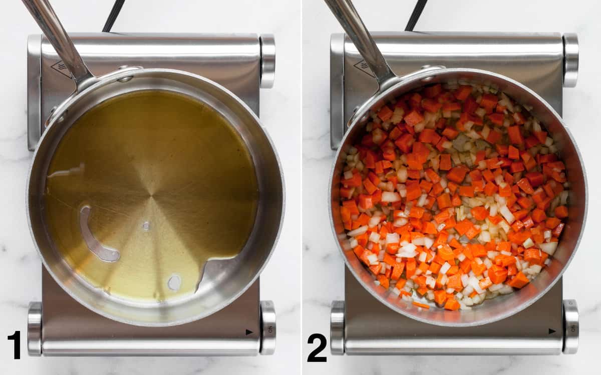 Heat the olive oil in a large pot. Then saute the carrots and onions.