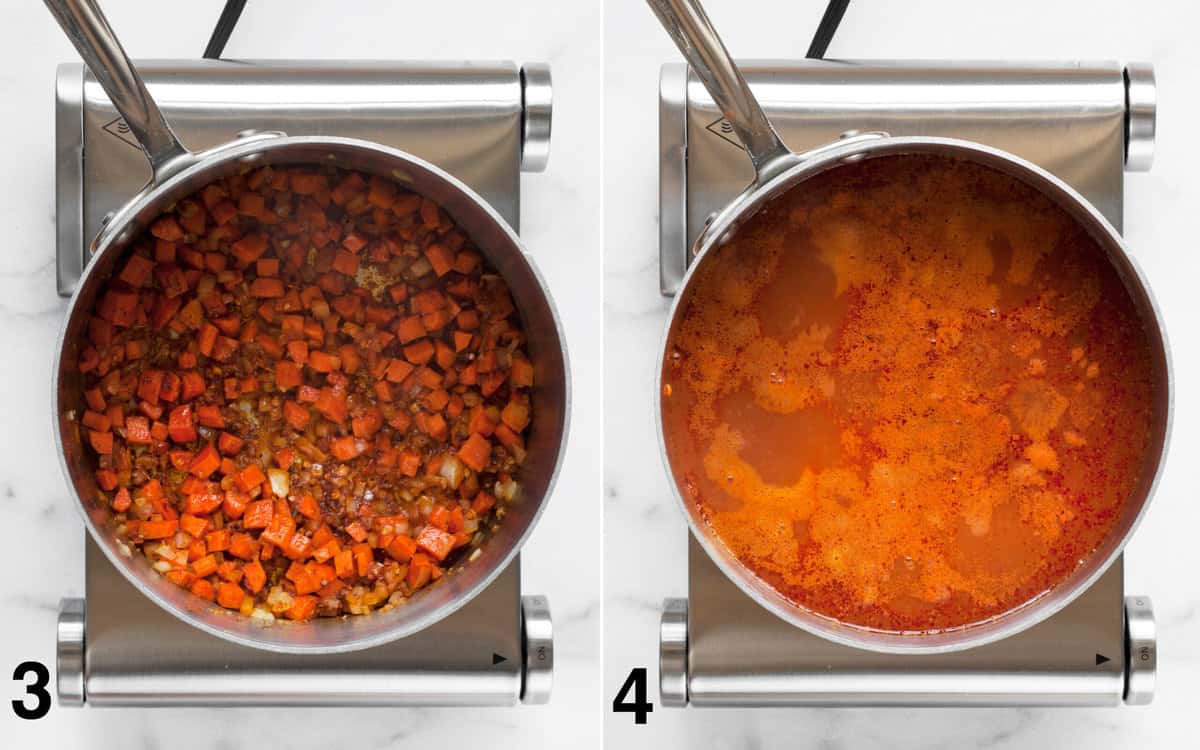 Stir the spices and garlic into the carrots and onions. Pour the tomatoes and vegetable broth into the pot to simmer.