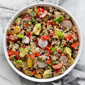 Black bean quinoa salad in a bowl.