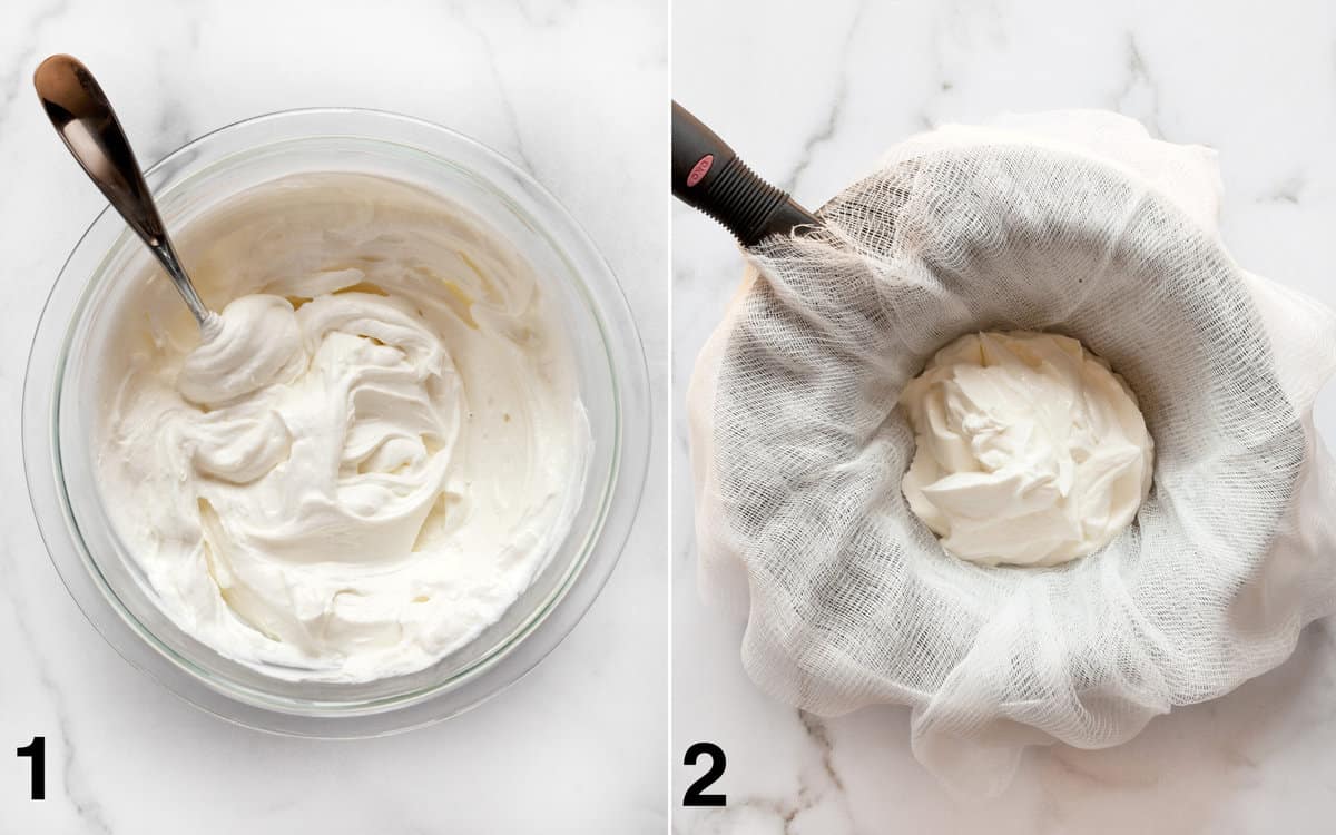 Stir the yogurt and salt in a large bowl; spoon the yogurt into a fine mesh strainher.