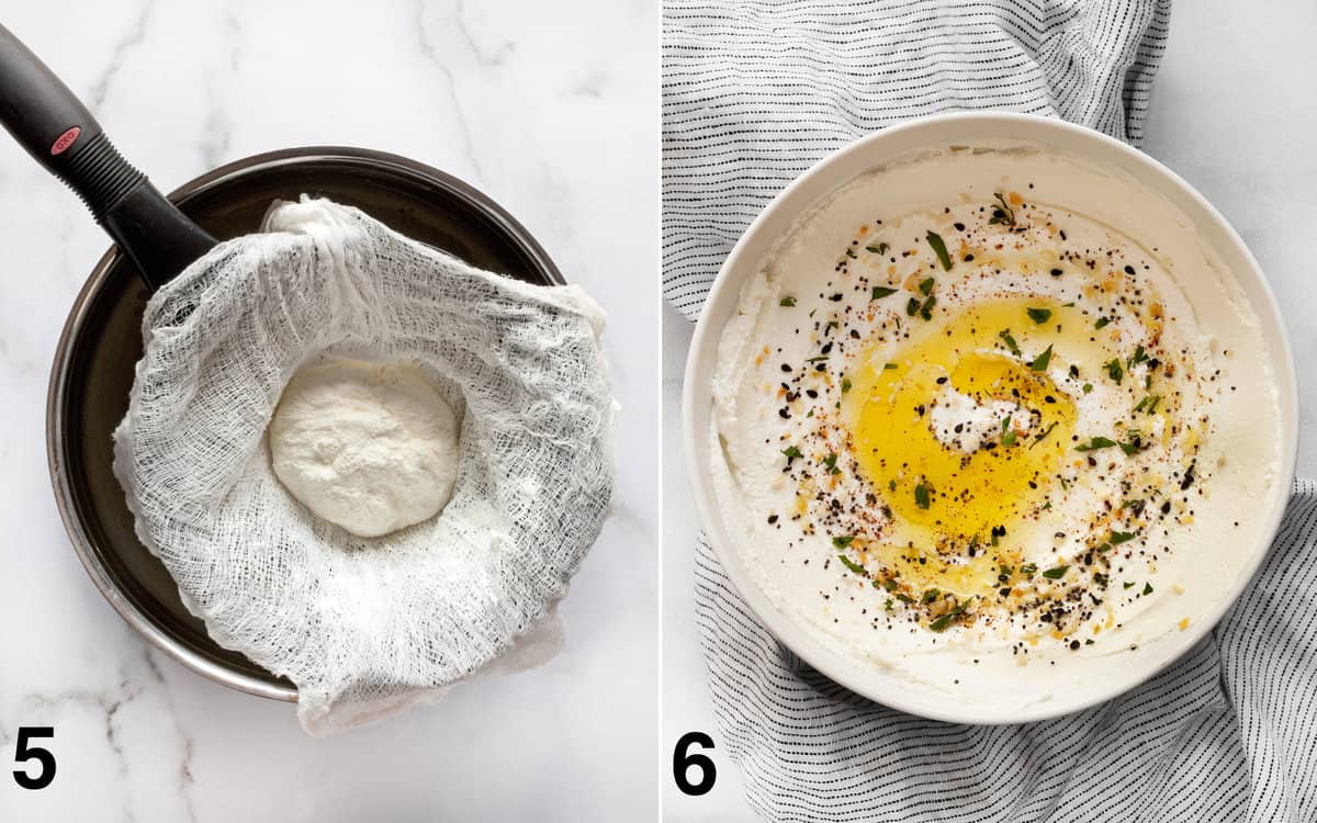 Thickened labneh in the strainer; labneh served in a bowl with olive oil, spices and fresh herbs.