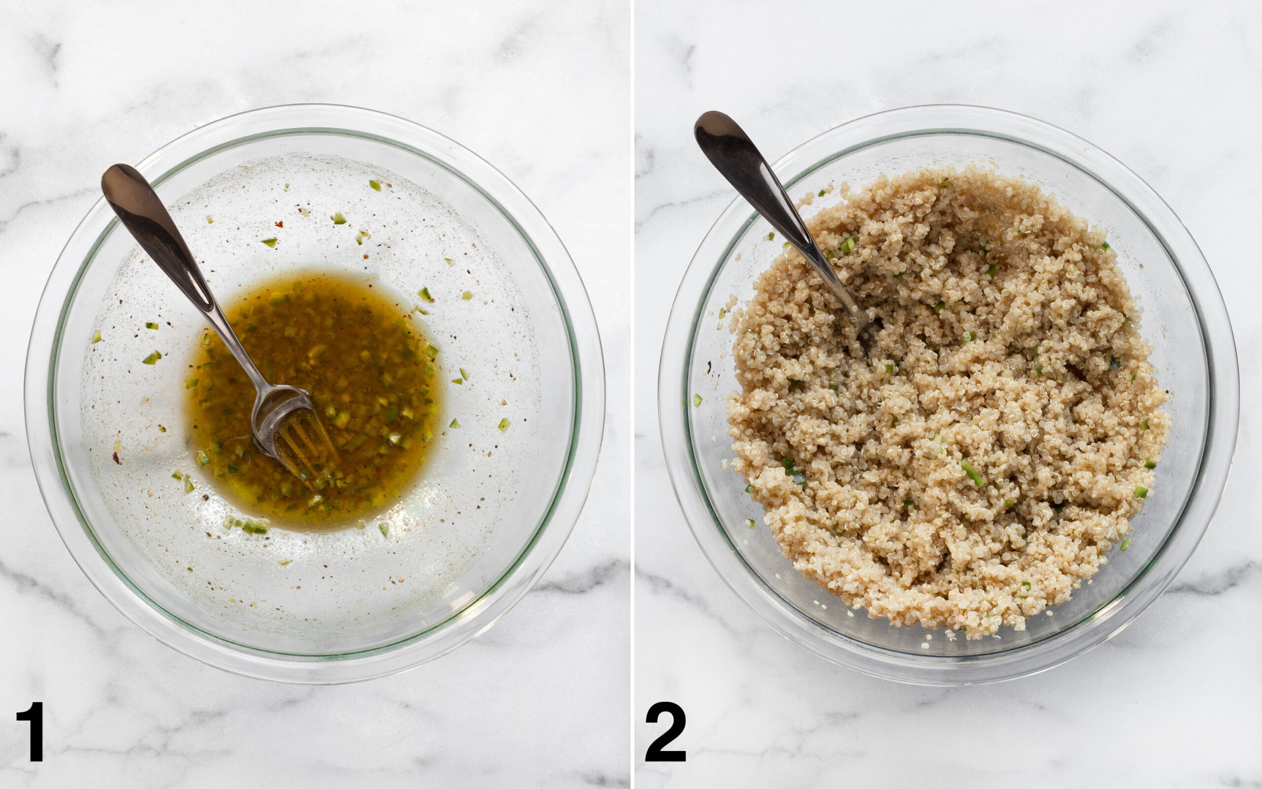 Whisk together the jalapeno lime dressing in a bowl. Then stir in the quinoa.