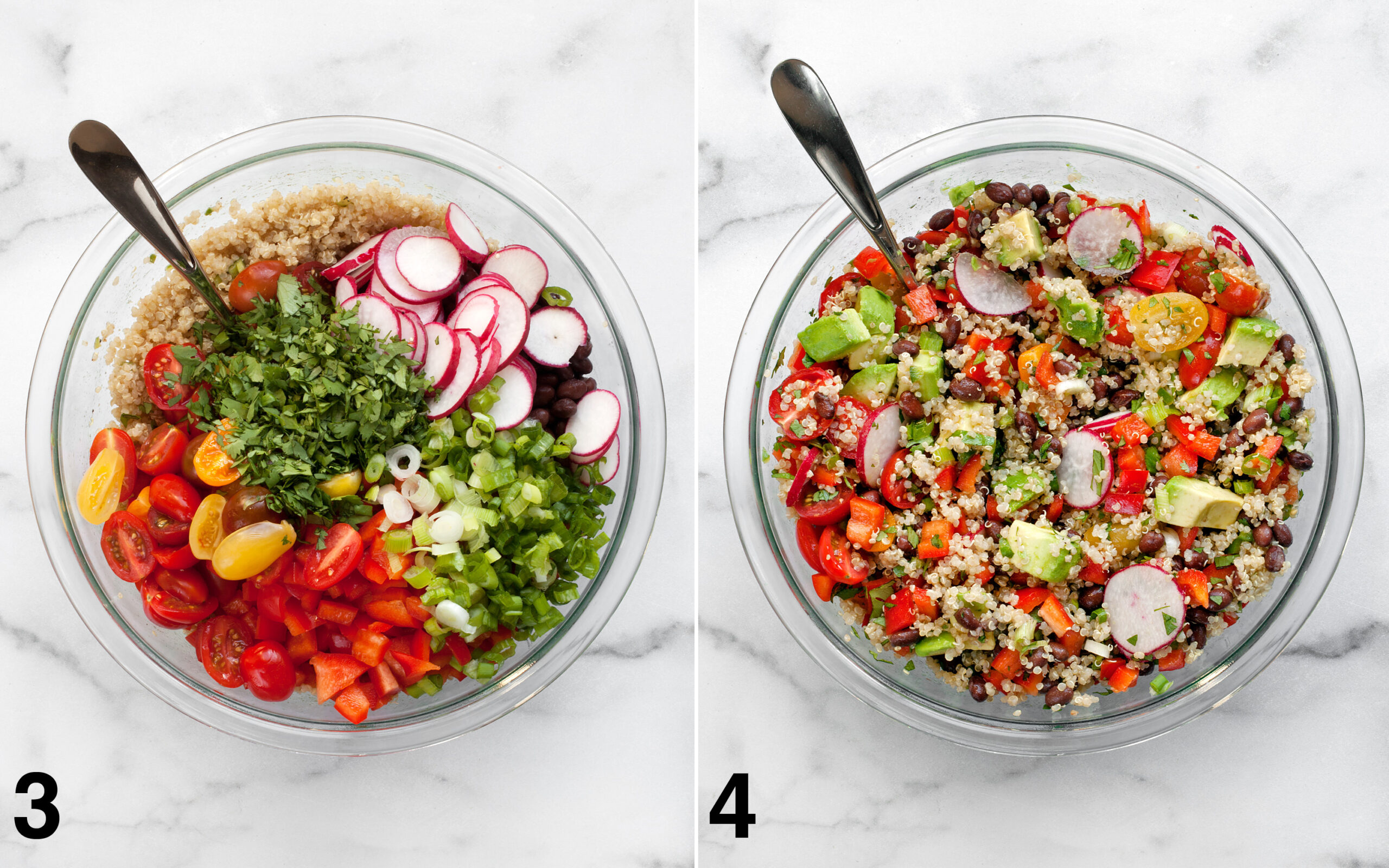 Add the peppers, tomatoes, avocados, radishes, scallions and cilantro to the quinoa in the bowl. Then stir everything together.