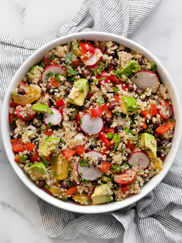 Quinoa black bean salad in a bowl.