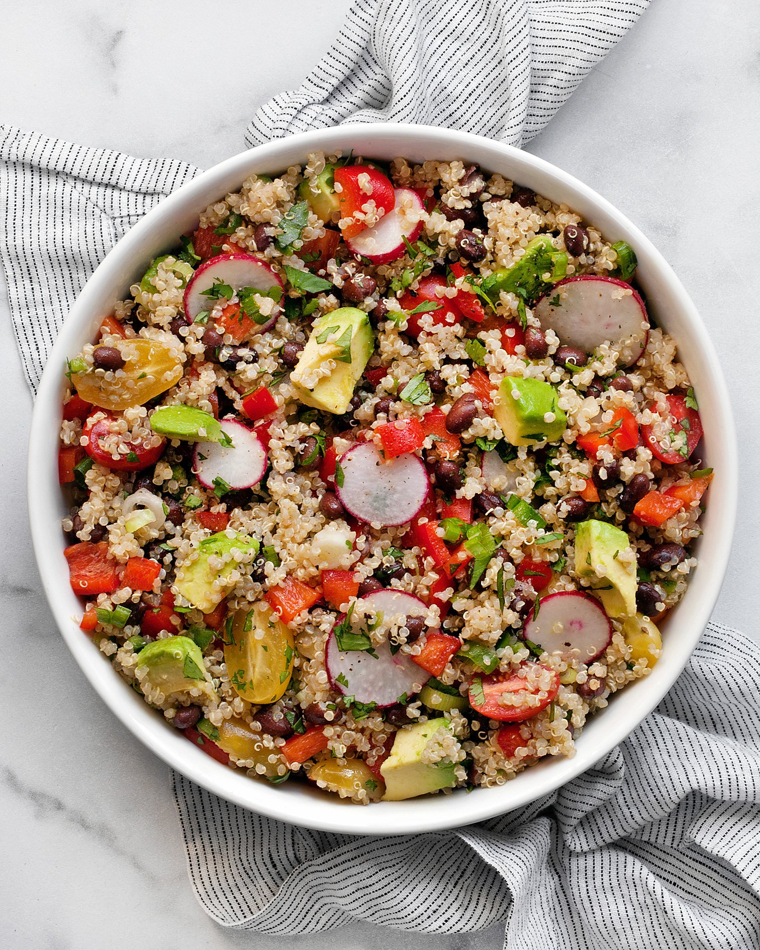 Quinoa black bean salad in a bowl.