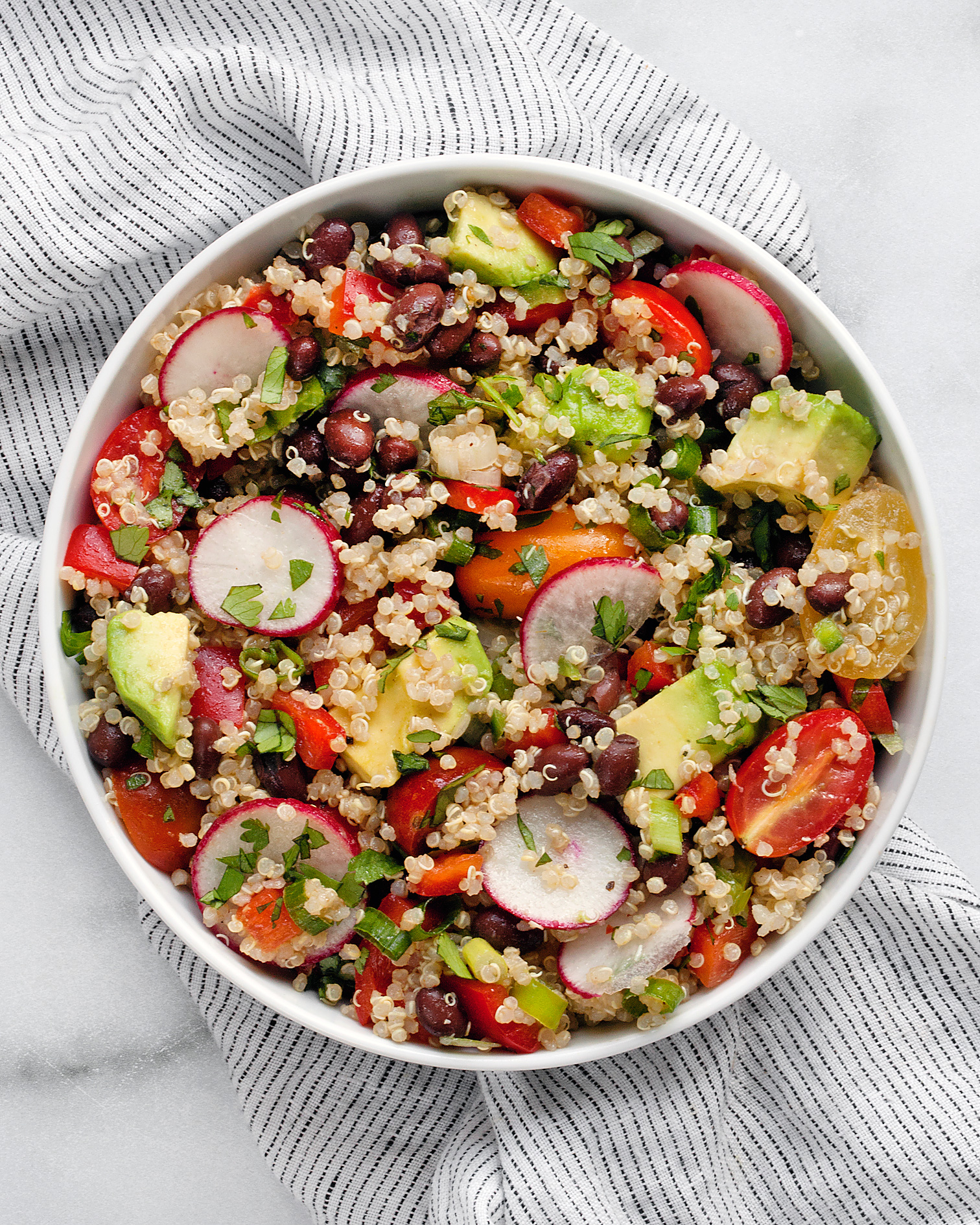 Quinoa black bean salad in a bowl.