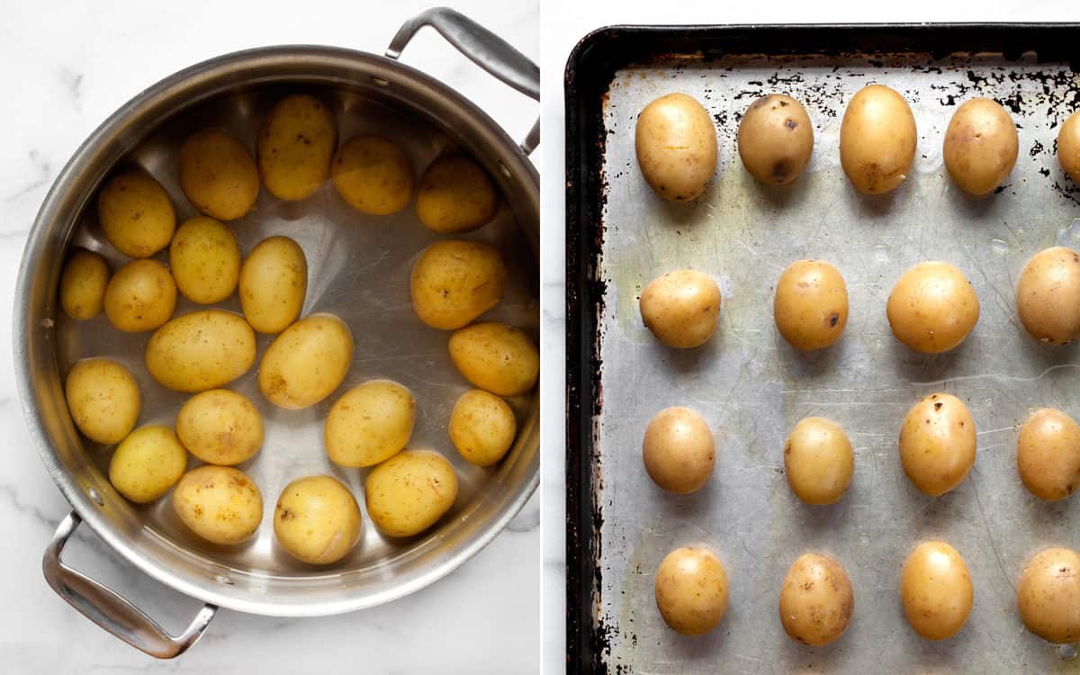 Boil the potatoes in a pot of salted water until tender. Arrange the potatoes on a sheet pan.