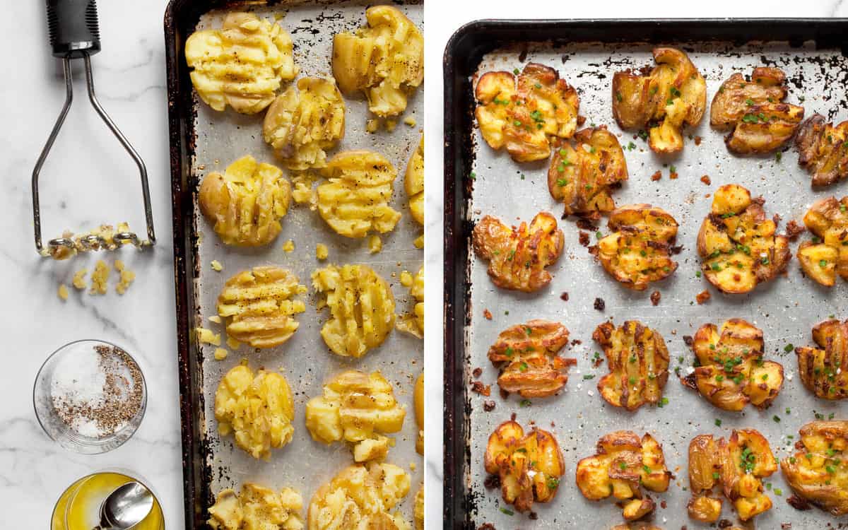 Press down the potatoes on the pan with a potato masher. After they are roasted, sprinkle them with flaky sea salt and chives.