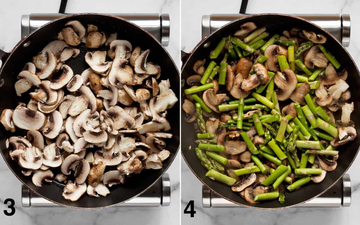 Mushrooms sauteing in a skillet. Asparagus stirred into mushrooms.