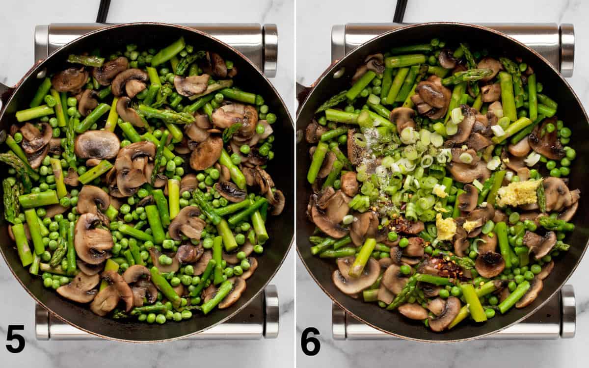 Peas stirred into sauteed mushrooms and asparagus. Scallions, garlic and ginger added to stir-fry.