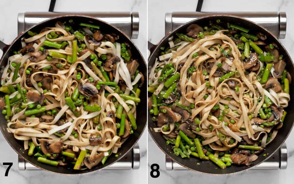 Udon noodles stirred into veggies in the skillet. Stir-fry topped with sesame seeds and scallions.