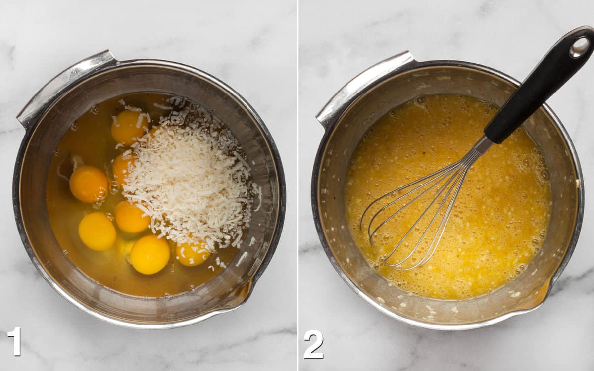 Eggs, Parmesan, salt and pepper in a large bowl. Egg mixture whisked together.