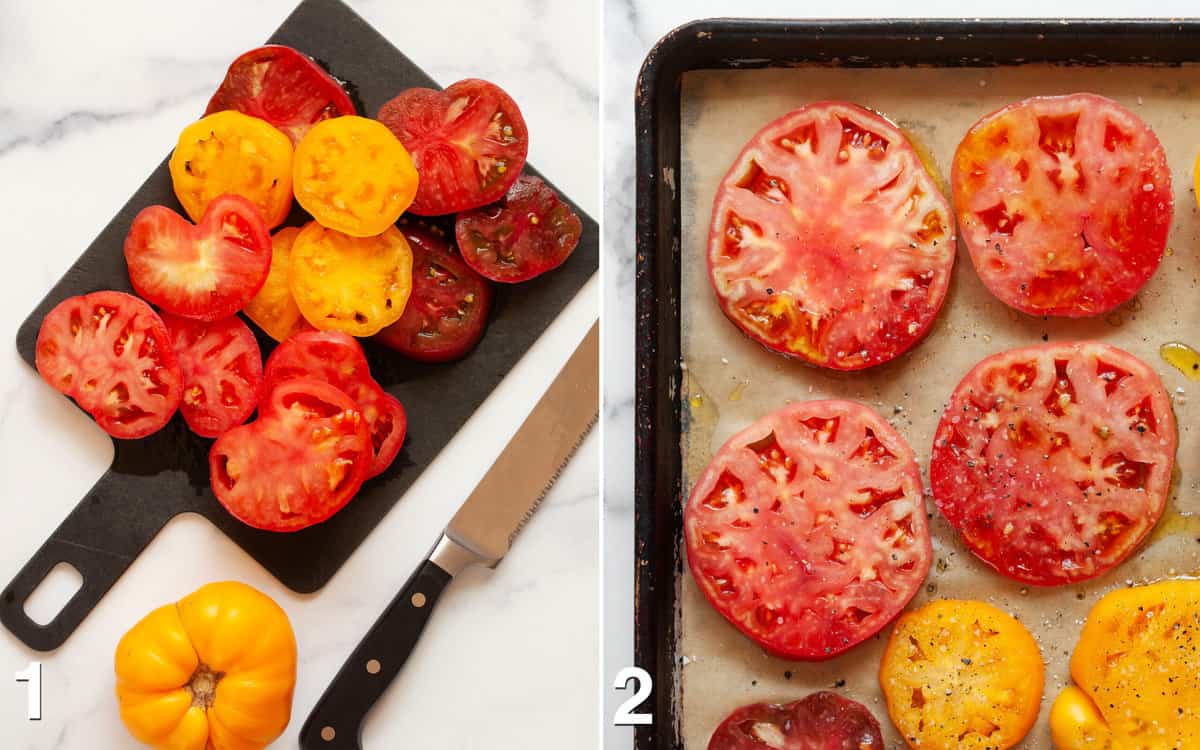 Sliced tomatoes on a cutting board. Raw tomatoes on a sheet pan drizzled with olive oil, salt and pepper before they are roasted.