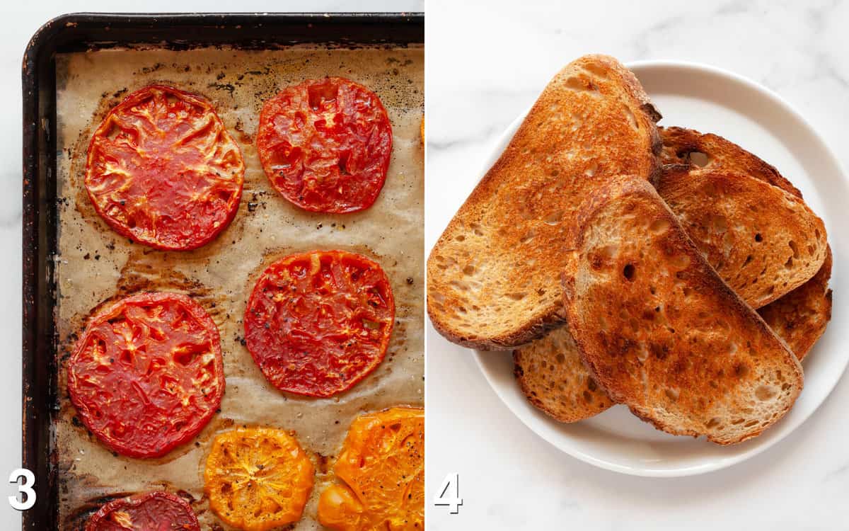 Roasted tomatoes on a sheet pan. Toasted bread on a plate.