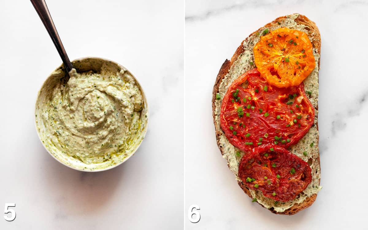 Pesto cheese spread stirred together in a small bowl. One slice of toast with pesto cheese spread, roasted tomatoes and chives.