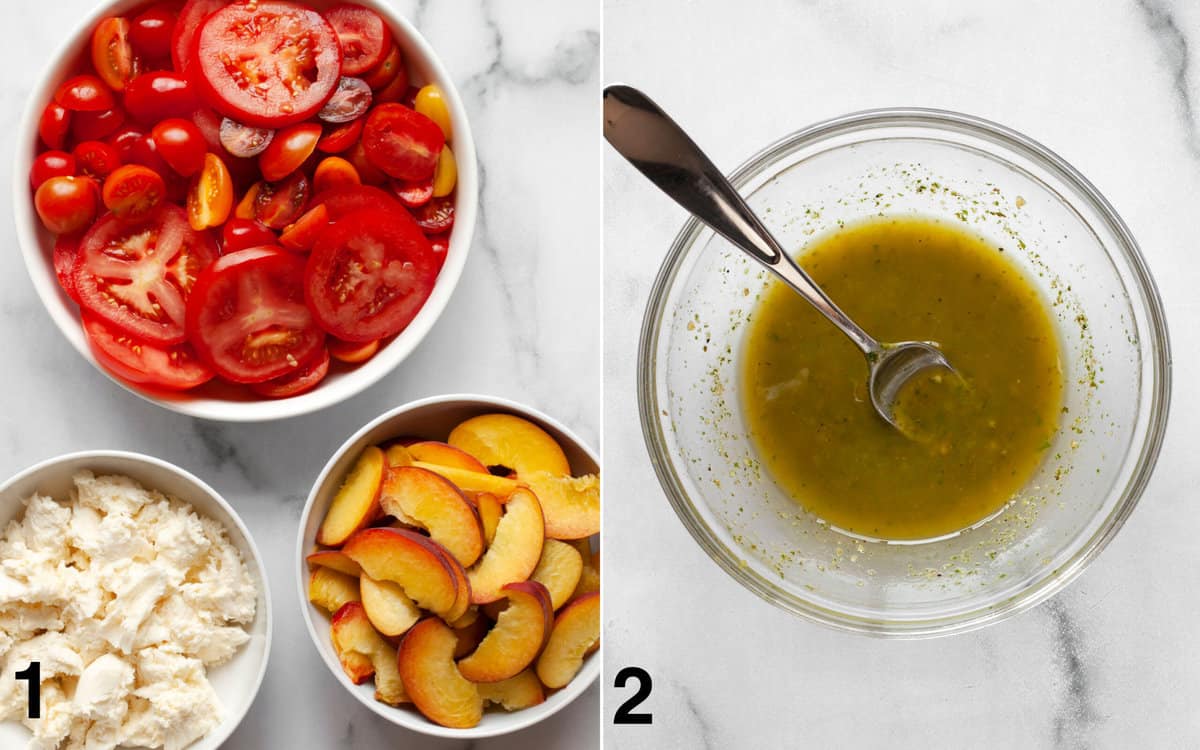 Sliced tomatoes, sliced peaches and torn mozzarella in separate bowls. Basil pesto vinaigrette whisked in a bowl.