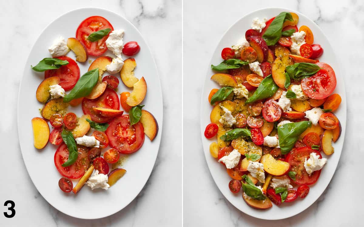 Assembling caprese salad on a large oval plate.