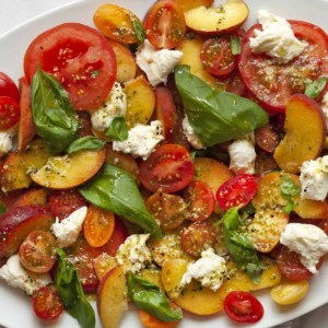 Detail image of peach caprese salad.