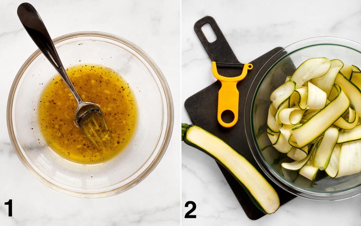 Vinaigrette whisked in a bowl; Zucchini peeled with a vegetable peeler in a bowl.