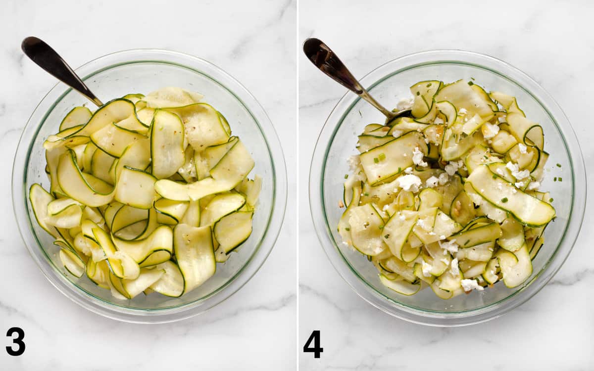 Zucchini ribbons in a bowl ottsed with dressing and with feta, nuts and chives mixed in.