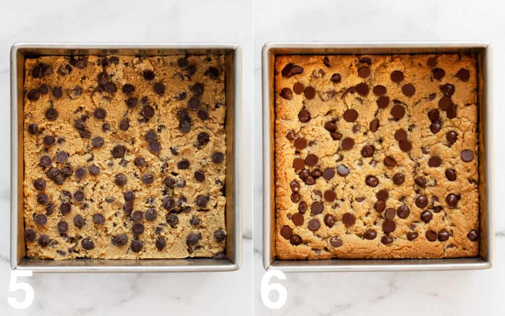 Dough in the pan and baked bars in a pan