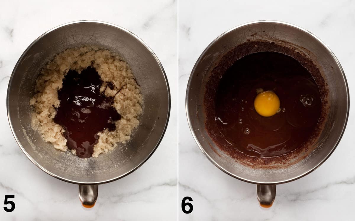 Melted chocolate poured over sugar-oil mixture in the bowl. Chocolate mixture with an egg yolk about to be stirred into the wet ingredients.