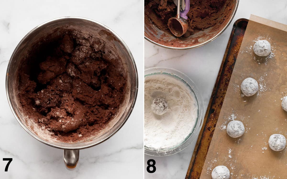 Dry ingredients almost completely mixed into the dough. Portioning out dough balls, rolling them in powdered sugar and placing them on a sheet pan.