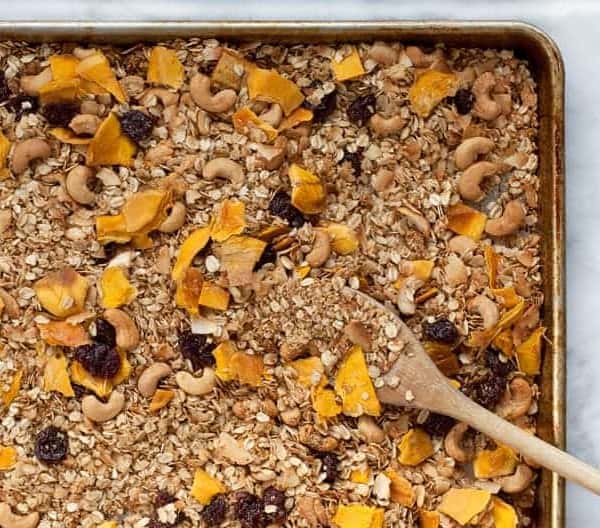 Coconut Cashew Granola on a sheet pan