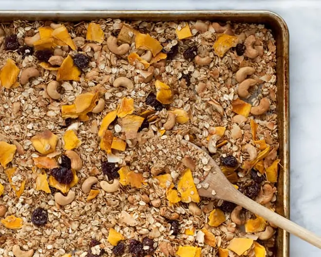 Coconut Cashew Granola on a sheet pan