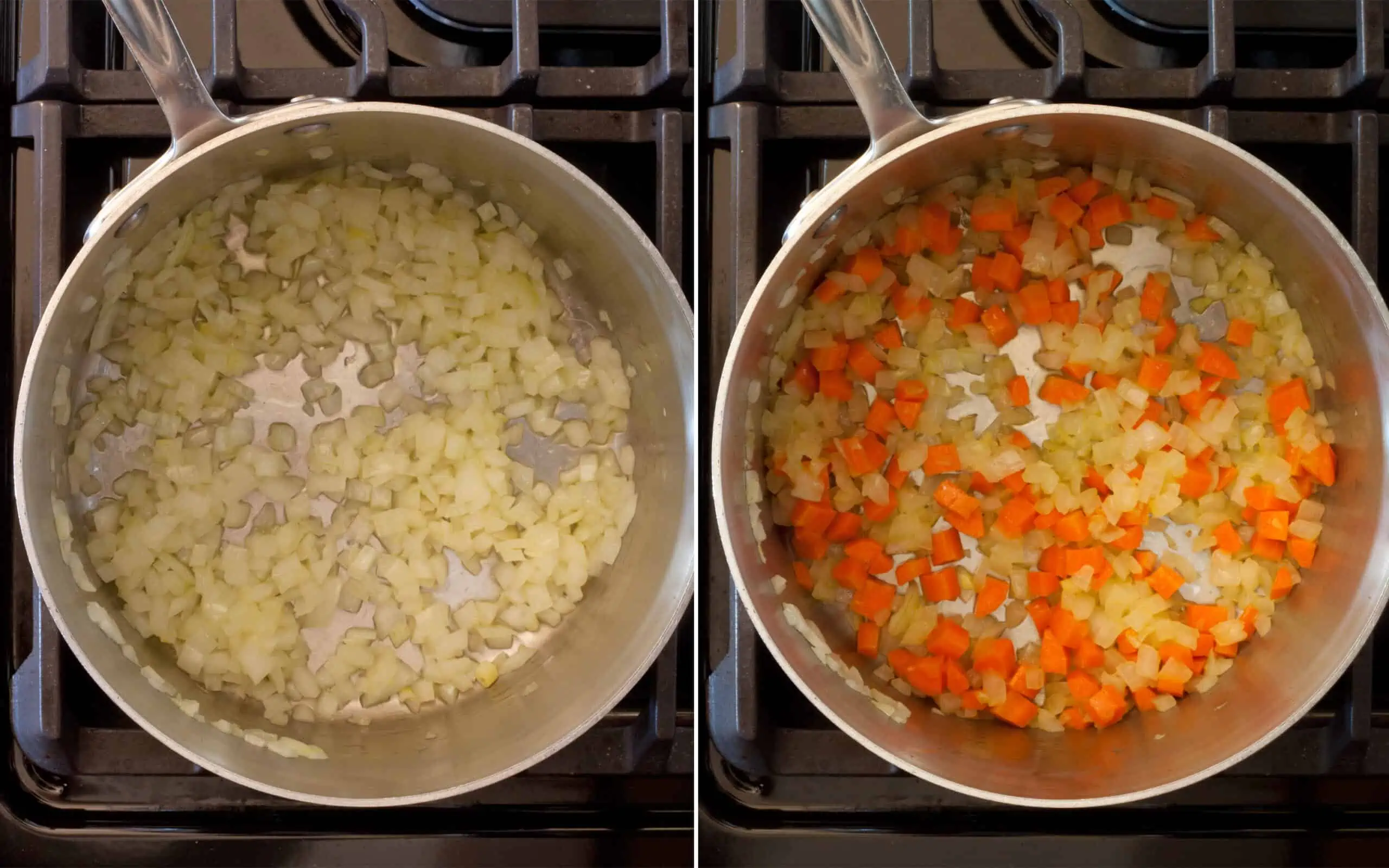 Saute the onions in the pot and then add the carrots.