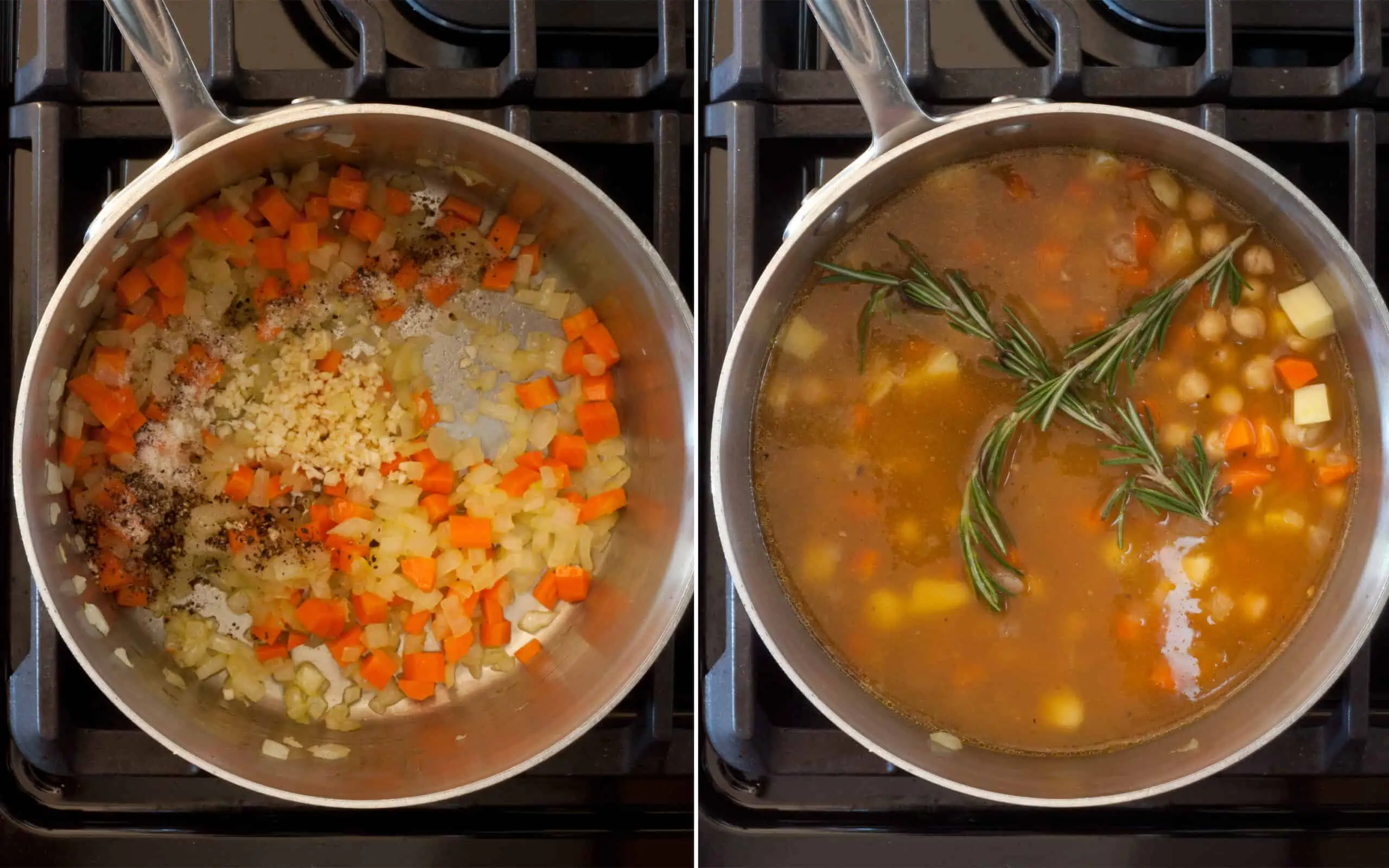 Stir teh garlic and spices into the pot and then pour in the vegetable broth, chickpeas and potatoes.